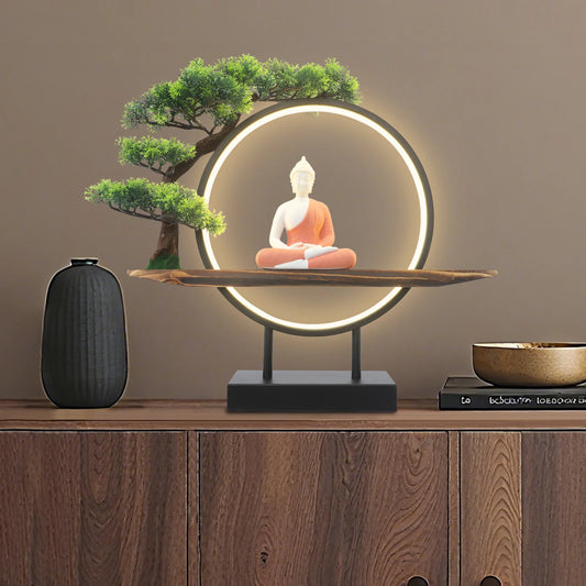 Zen Buddha Statue with Pine Needle Lamp