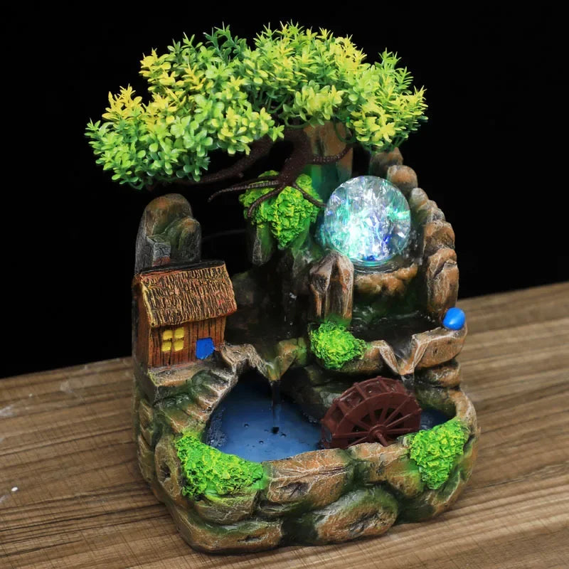 Zen Resin Rockery Tabletop Fountain with Nebulizer, Lucky Feng Shui Water Wheel & LED Lights, Indoor Office Desk Ornament.