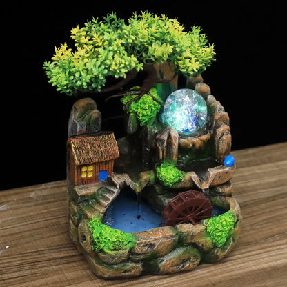 Zen Resin Rockery Tabletop Fountain with Nebulizer, Lucky Feng Shui Water Wheel & LED Lights, Indoor Office Desk Ornament.