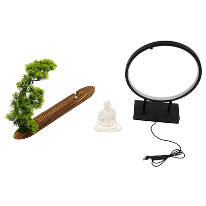 Zen Buddha Statue with Pine Needle Lamp