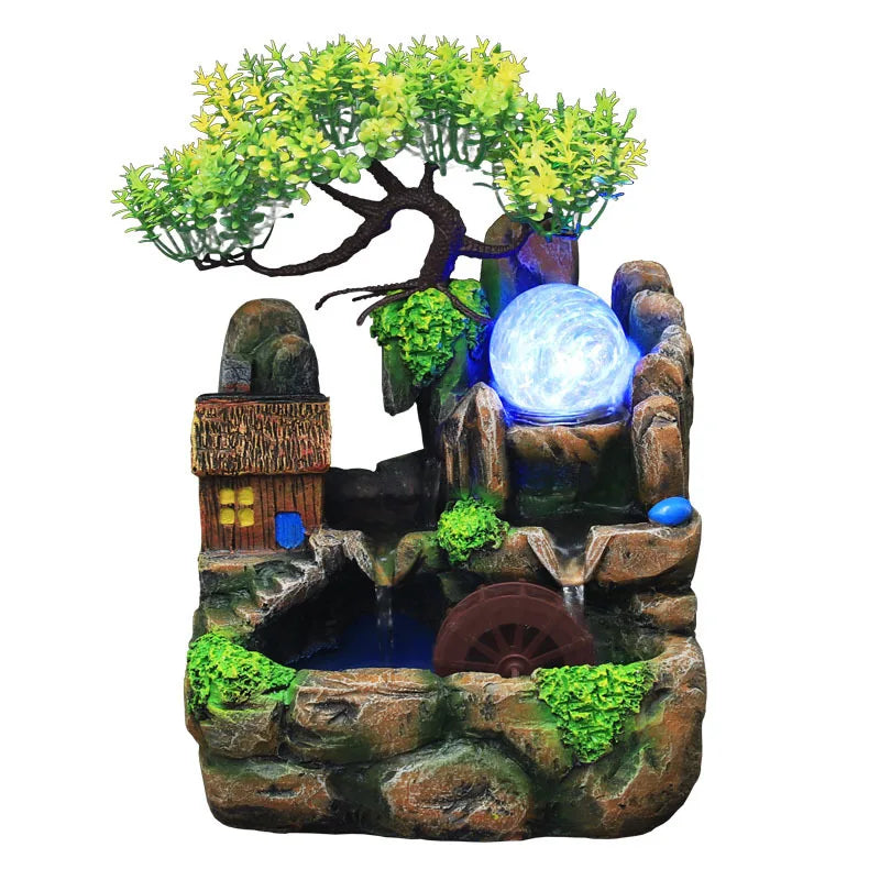 Zen Resin Rockery Tabletop Fountain with Nebulizer, Lucky Feng Shui Water Wheel & LED Lights, Indoor Office Desk Ornament.