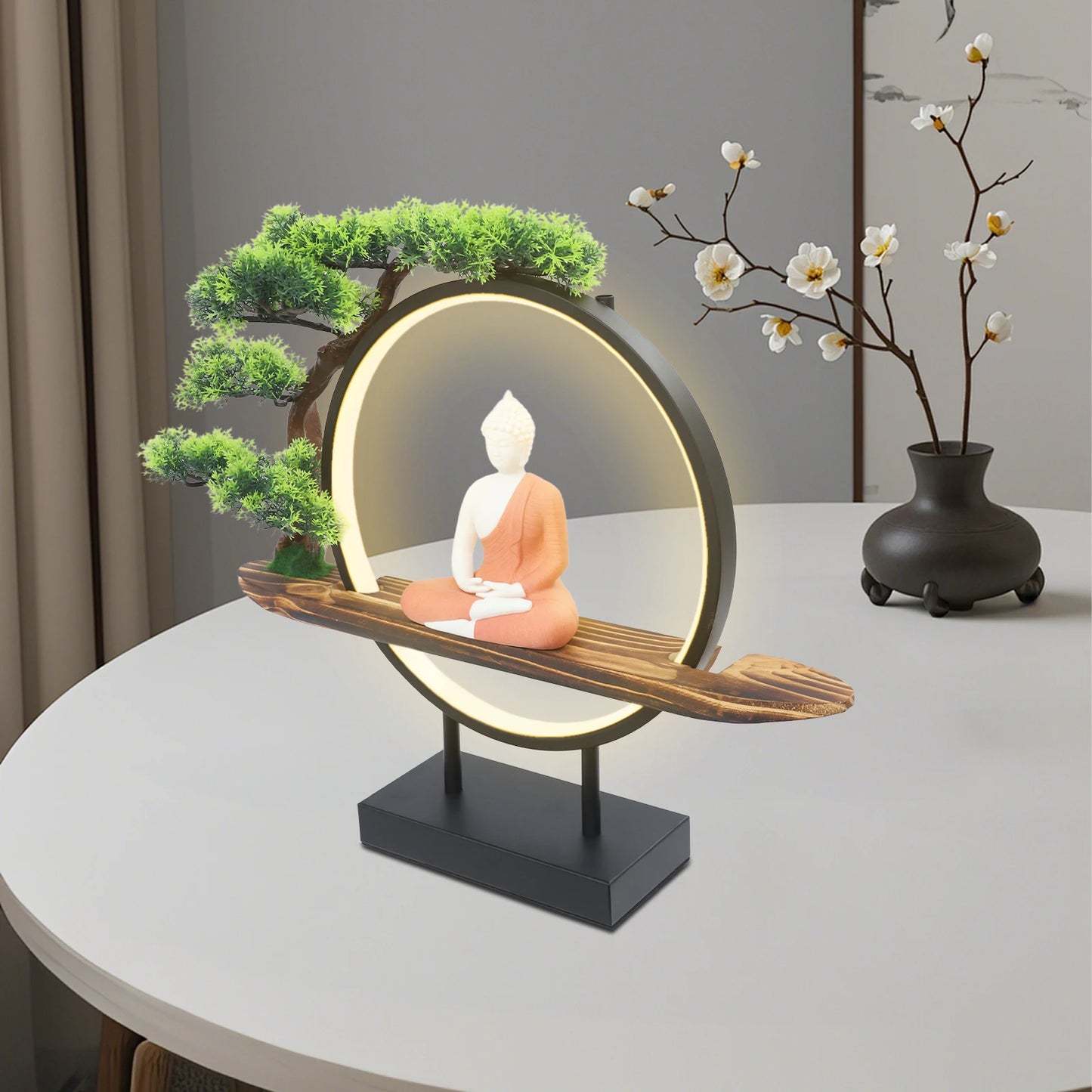 Zen Buddha Statue with Pine Needle Lamp