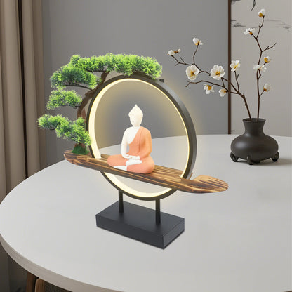 Zen Buddha Statue with Pine Needle Lamp