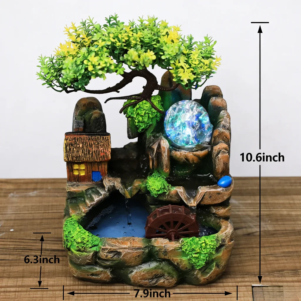 Zen Resin Rockery Tabletop Fountain with Nebulizer, Lucky Feng Shui Water Wheel & LED Lights, Indoor Office Desk Ornament.
