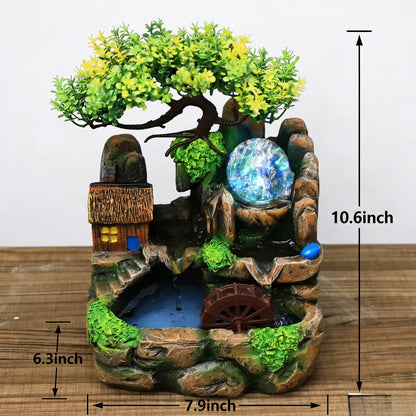Zen Resin Rockery Tabletop Fountain with Nebulizer, Lucky Feng Shui Water Wheel & LED Lights, Indoor Office Desk Ornament.