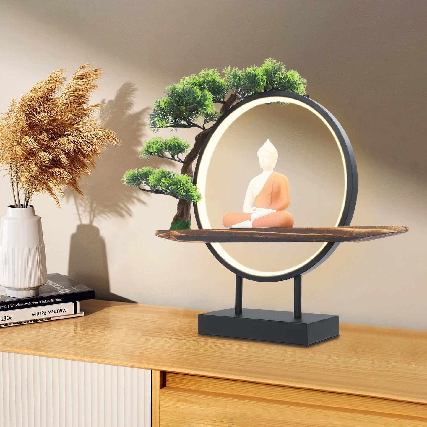 Zen Buddha Statue with Pine Needle Lamp
