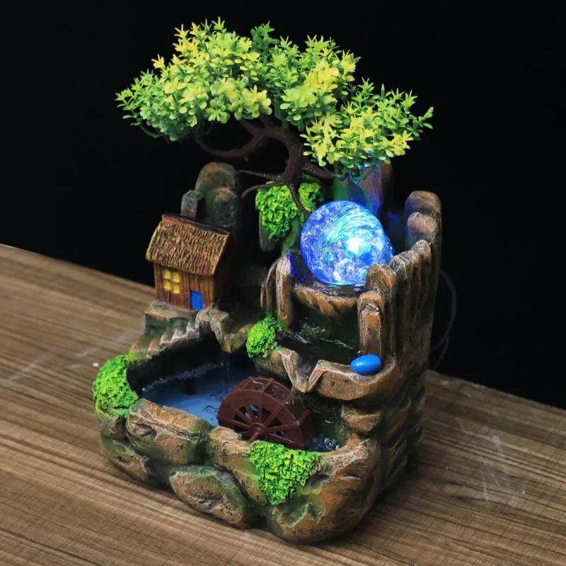 Zen Resin Rockery Tabletop Fountain with Nebulizer, Lucky Feng Shui Water Wheel & LED Lights, Indoor Office Desk Ornament.