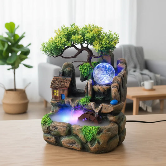 Zen Resin Rockery Tabletop Fountain with Nebulizer, Lucky Feng Shui Water Wheel & LED Lights, Indoor Office Desk Ornament.