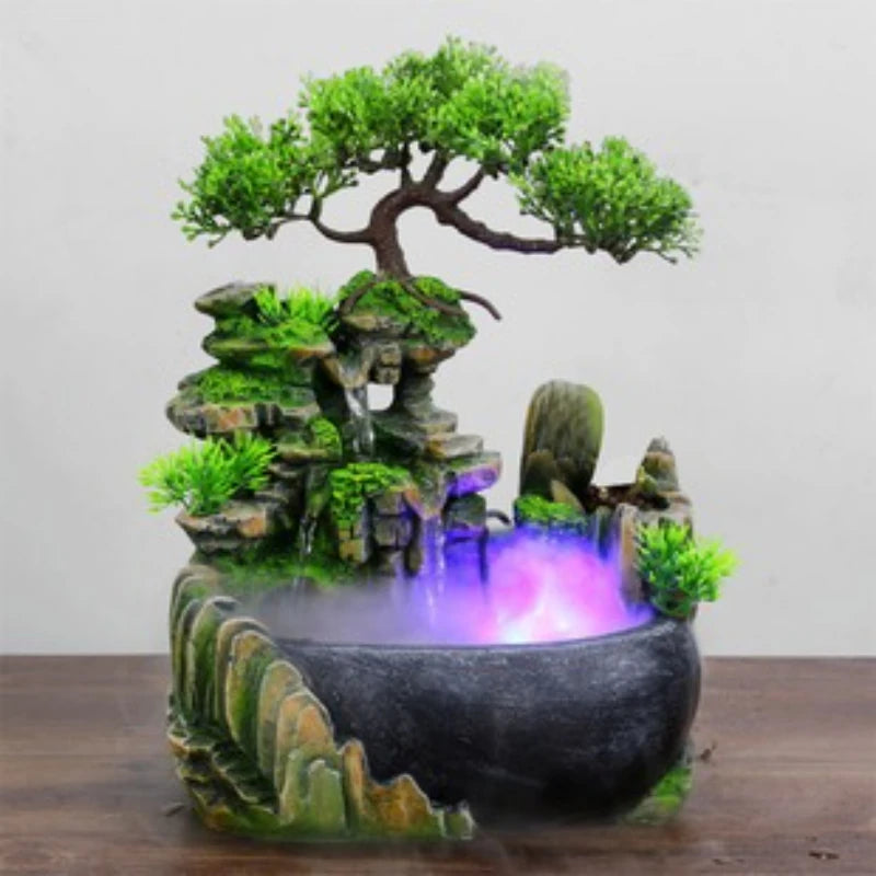 Zen Resin Rockery Tabletop Fountain with Nebulizer, Lucky Feng Shui Water Wheel & LED Lights, Indoor Office Desk Ornament.