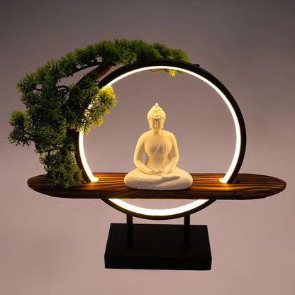 Zen Buddha Statue with Pine Needle Lamp